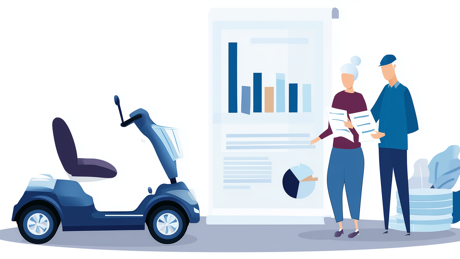 Illustration of two older adults reviewing financial documents beside a mobility scooter and a large chart with bar and pie graphs, representing financial planning or budgeting for retirement.